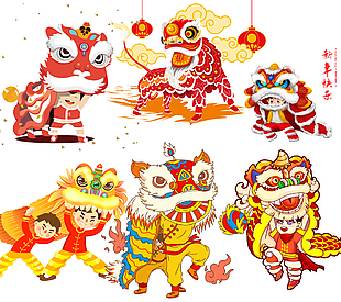 精美国潮风舞龙舞狮新春插画素材下载