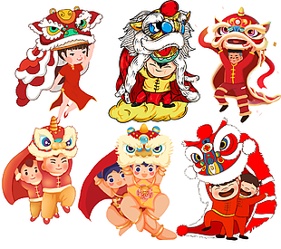 喜庆精美手绘风舞龙舞狮春节插画素材下载