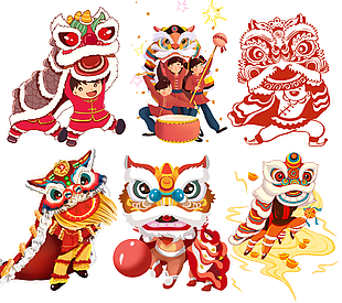 喜庆手绘中国风舞龙舞狮春节插画素材下载