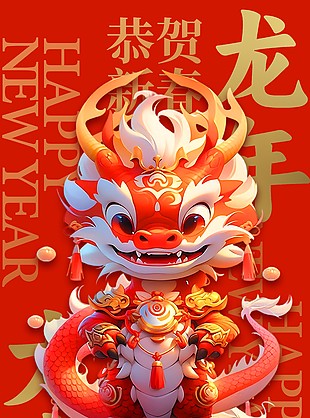 恭贺龙年新春卡通形象海报
