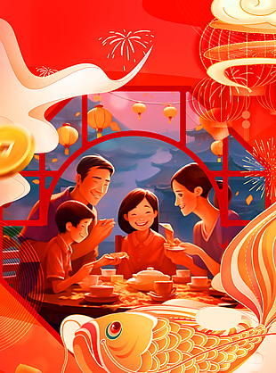 新年快乐欢聚小年中国风元素插画海报