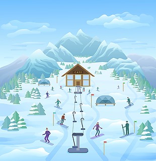 冬季运动雪山滑雪美景插画
