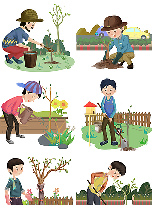 创意卡通手绘植树节种树插画素材合集