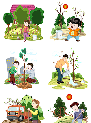 卡通手绘风植树节户外种树插画素材合集
