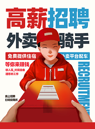 高薪招聘外卖骑手卡通风手机海报