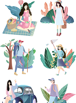手绘精致男女春游踏青活动插画素材