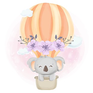 卡通插画坐热气球的考拉