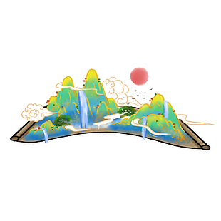 古典手绘山水旭日设计元素