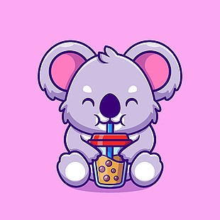 萌宠考拉喝奶茶插画