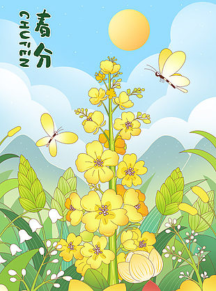 手绘卡通油菜花插画春分节气海报