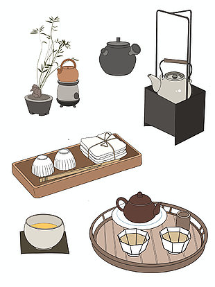 复古中国风手绘茶具矢量素材下载