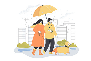 雨天遛狗创意插画