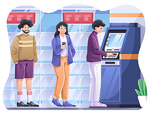 ATM自助机操作人物插画素材