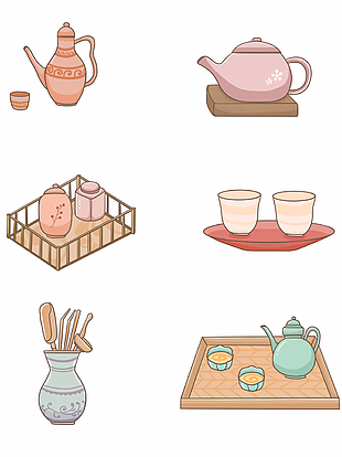 手绘古典国风茶具插画合集素材下载
