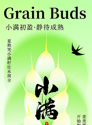 小满节气麦穗饱满绿意渐变海报设计