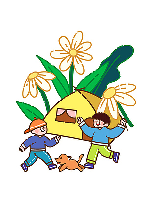 春日露营趣味卡通人物插画设计模板