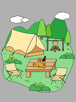 简约线条手绘露营烧烤插画
