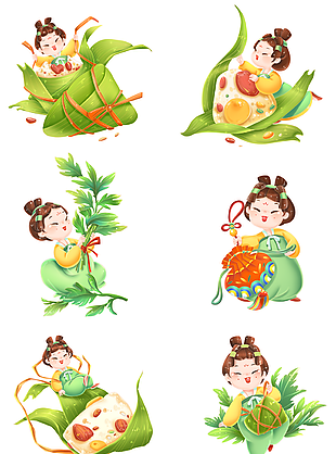 精致插画风唐朝女孩吃粽子端午节素材合集
