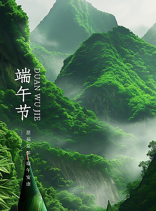 端午节青山绿水云雾缭绕静谧感海报