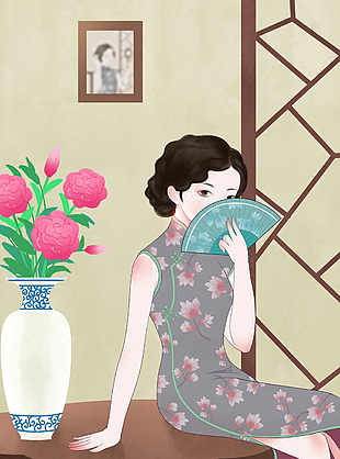 精致手绘民国风旗袍女子人物插画素材