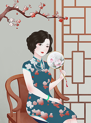 优雅精致民国风持团扇旗袍女子人物插画