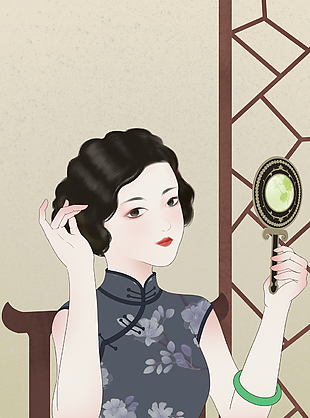 优雅复古民国风手持镜子旗袍女子人物插画