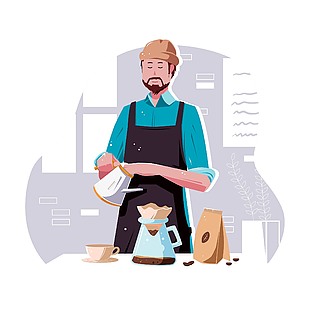 咖啡师手工冲泡咖啡插画