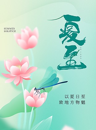 清新手绘荷花莲叶主题夏至传统海报