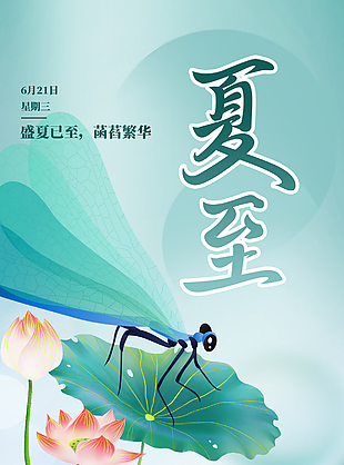 蜻蜓立荷传统夏至节气国潮手绘海报