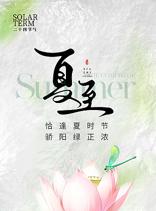 清新手绘夏至时节荷花主画面唯美海报