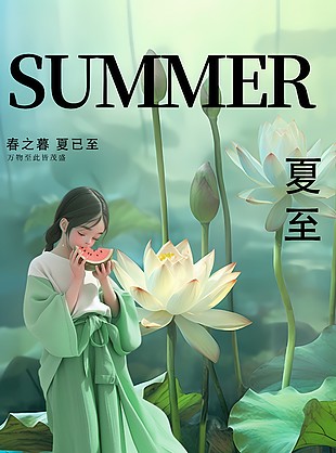 夏至时节国风女孩荷塘漫步主题海报