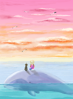 手绘意境油画风海洋插画H5背景图片