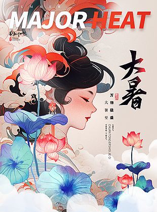 万物极盛大暑至创意插画手机宣传海报