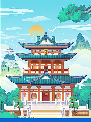 你好桂林手绘国风逍遥楼文旅海报