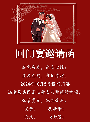 精美喜庆手绘风婚礼回门宴邀请函