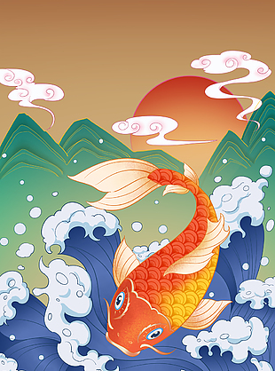 复古中国风锦鲤浪花祥云H5背景图