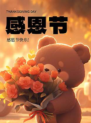 温馨可爱感恩节快乐主题海报