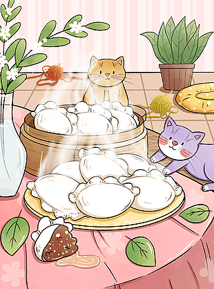 传统小雪节气手绘线条卡通趣味插画
