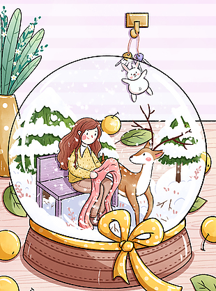 唯美冬日雪景手绘水晶球节气插画