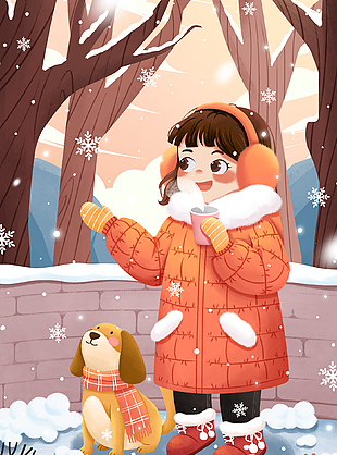 手绘冬日唯美雪景人物户外活动插画