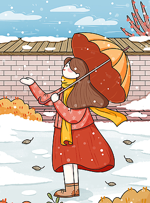 手绘线条人物冬日唯美雪景卡通插画