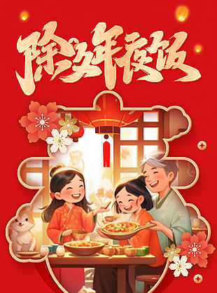 红色中国风喜庆除夕夜年夜饭预定海报