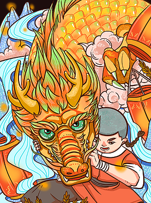 国潮手绘龙抬头传统习俗橙色插画