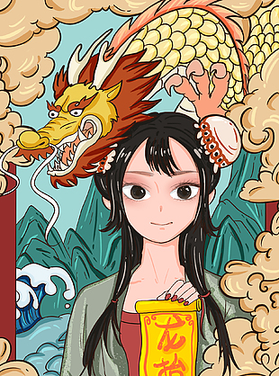 龙抬头手绘卡通国潮人物创意插画