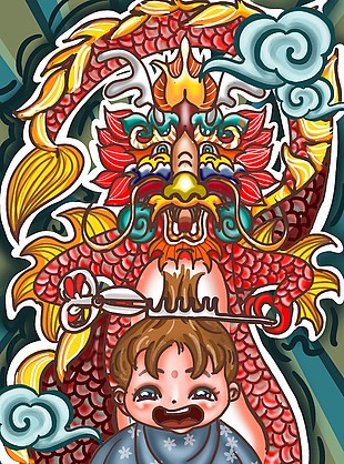 卡通线条手绘龙抬头主题插画