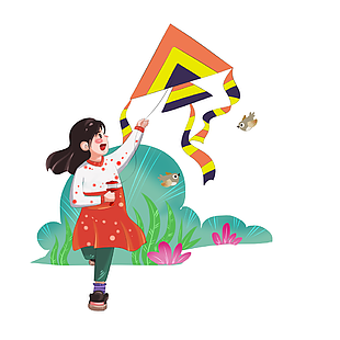 春日手绘创意儿童放风筝主题插画