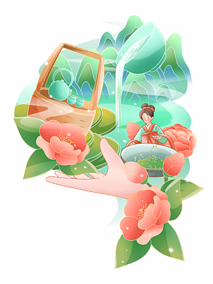 中国风春茶绿色清新手绘插画