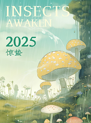 惊蛰时节手绘春日景象主题插画海报