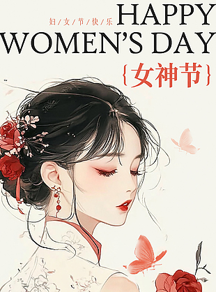 妇女节快乐国风线条手绘节日海报
