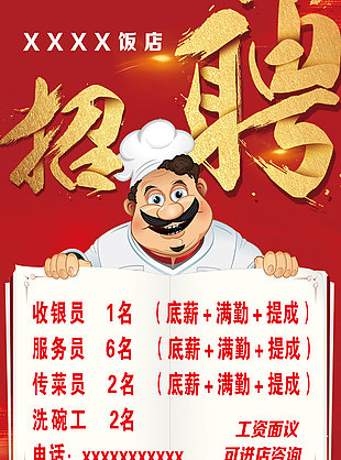 饭店红色主题趣味卡通手绘招聘海报
